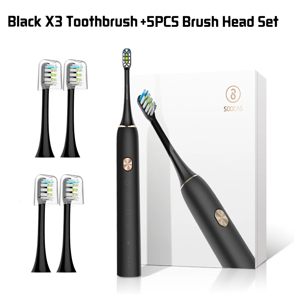 X3BLACK-5Brushs SOOCAS X3, звуковая зубная щетка, электрическая зубная щетка, ультра звуковая, автоматическая, обновленная, заряжаемая, для взрослых, водонепроницаемая, IPX7, приложение управления - Цвет: X3BLACK-5Brushs