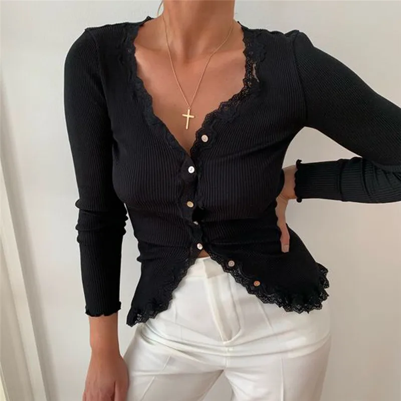 

Early Spring New Sexy V-neck Lace Knitted Long Sleeve Cardigan Ruffled Button Casual V-neck Mature Beauty Crop Top Za 2021 Women