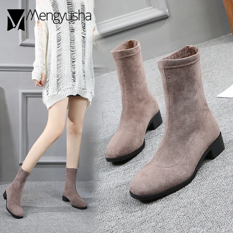 

Soft Velvet Boots Women Winter Plush Warm Low Square Heels Chelsea Boots Back Zipper Stretch Femme Fleeces Botas Mujer 2019 Slim Leg Martin Botines Big Size 40/42/43