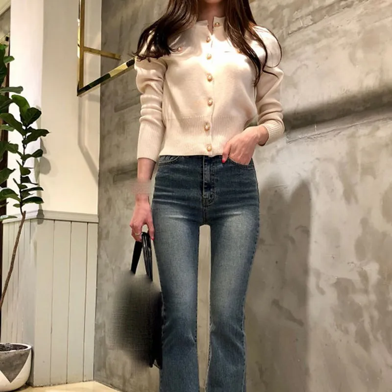 

Spring Autumn Women Solid Knitted Cardigan Slim O-Neck Pockets Sweater Long Sleeve Single-Breasted Sweater