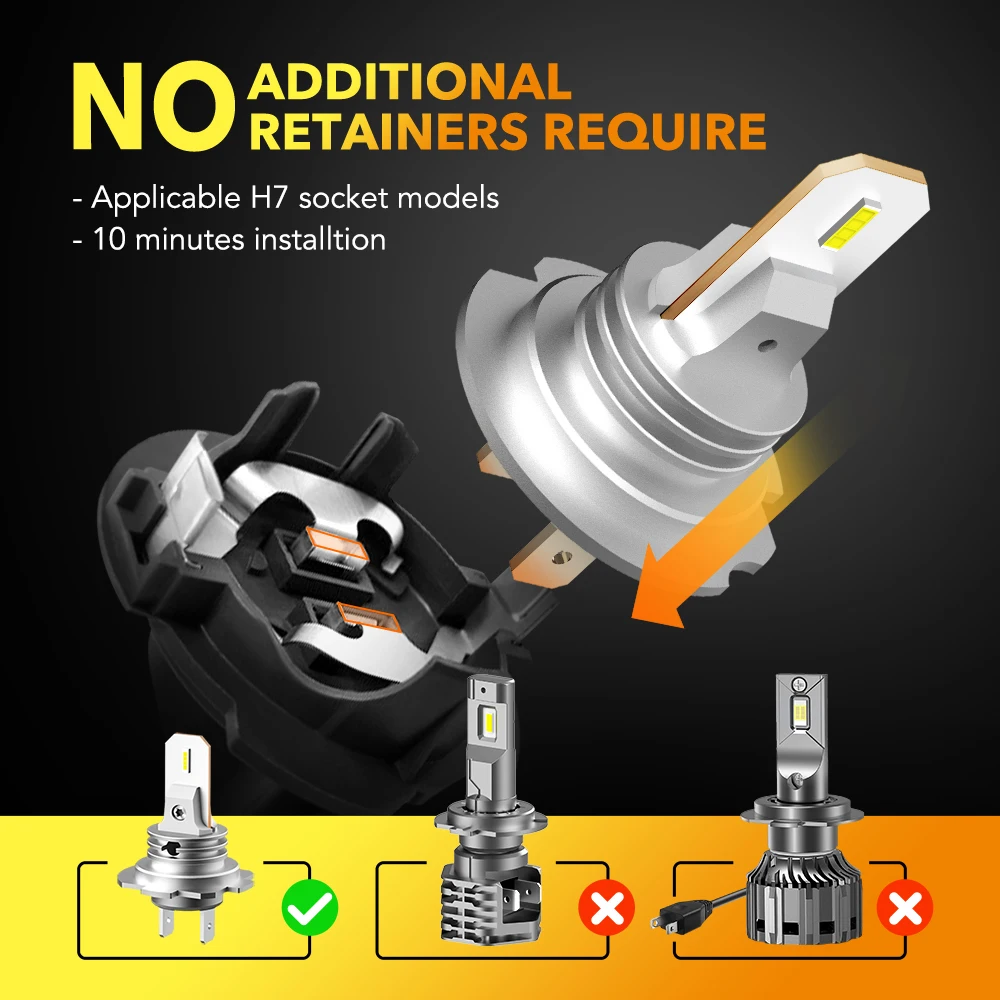 AUXITO-bombillas LED para faros delanteros de coche, lámpara de diodo  automático de 6500K, Ángulo de haz de 360 °, sin ventilador, inalámbrico,  CSP, H7, 2 piezas