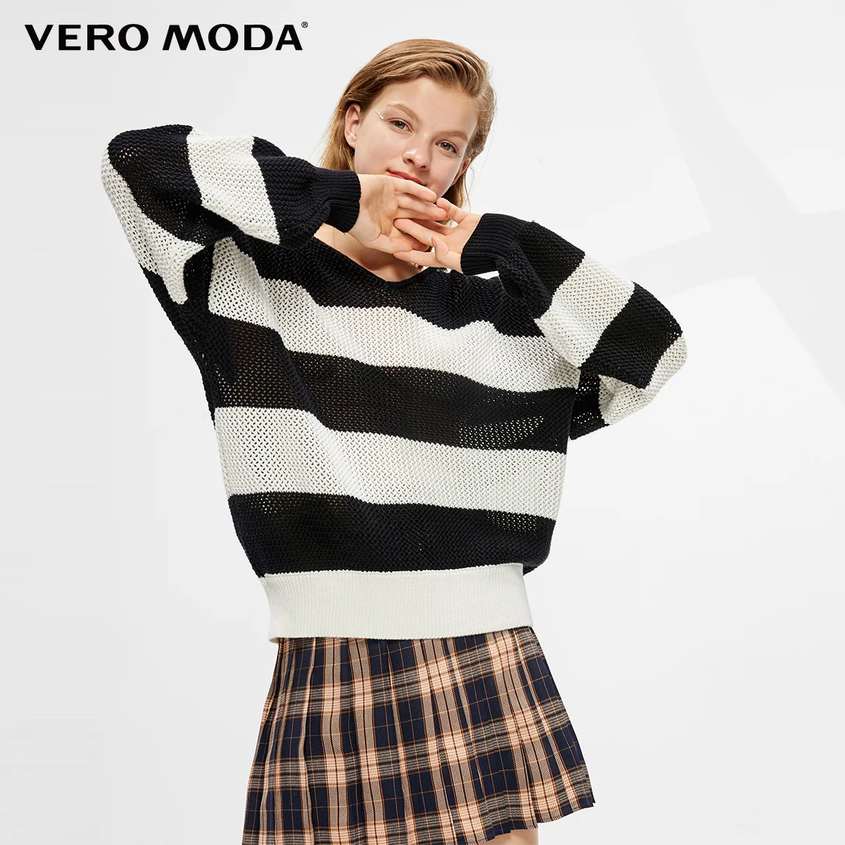 Vero Moda женский свободный крой с капюшоном широкая полоса хлопок свитер вязаный Топ | 319313574 - Цвет: S59 Black