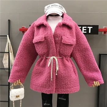 

2019 New Autumn Winter Loose Turn Down Collar Lambswool Female Overcoat Solid Color Slim Waist Long Sleeve Women Woolen Jackets