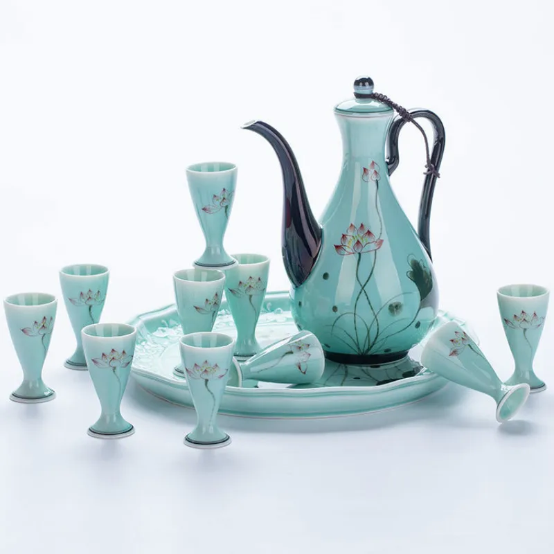 

Ceramic Liquor Glass Set Household Jingdezhen Chinese Style Wine Pot Antique Hand-Painted Wine Set Goblet Wine Cup Liquor Flagon