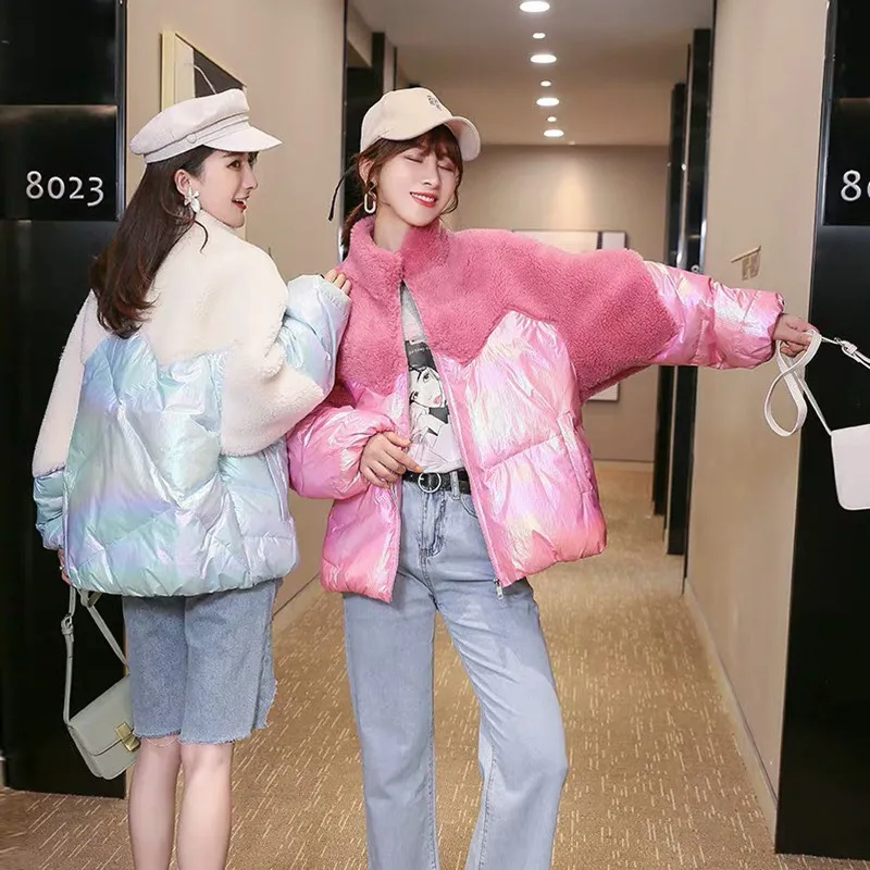 

Sheep Shearing Fashion Short Down Jacket Woman 2019 Winter Coat Split Joint Down Coat Leather And Fur Loose Coat Girls 2019