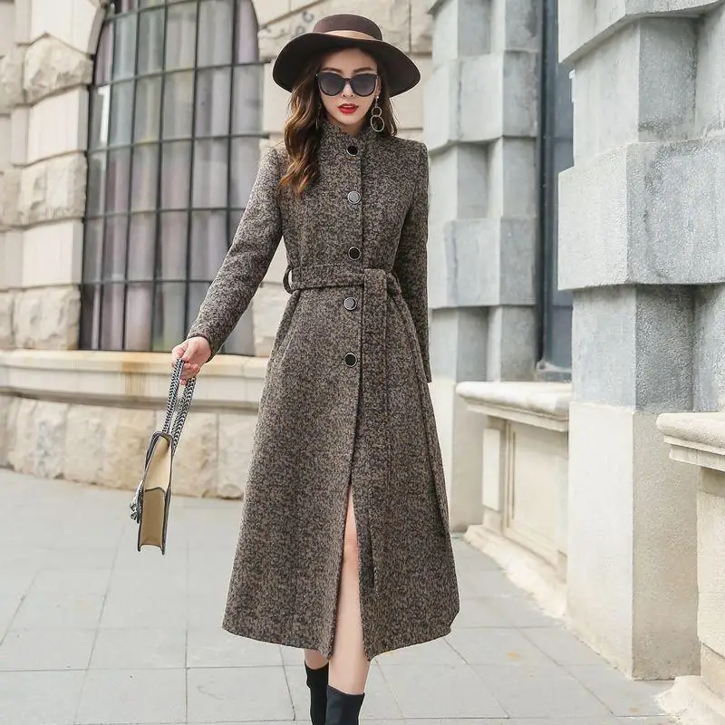 Элегантные тонкие длинные женские пальто теплые зимние однобортные жакеты с ремешком офисные женские шерстяные пальто Верхняя одежда высшего качества D305 - Цвет: brown