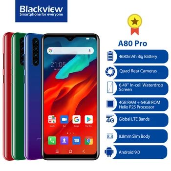 Перейти на Алиэкспресс и купить Глобальная версия смартфона Blackview A80 Pro, четырехъядерный процессор, 4 Гб + 64 ГБ, Android 9,0, мобильный телефон, 6,49 дюйма, Waterdrop, 4680 мАч, 4G