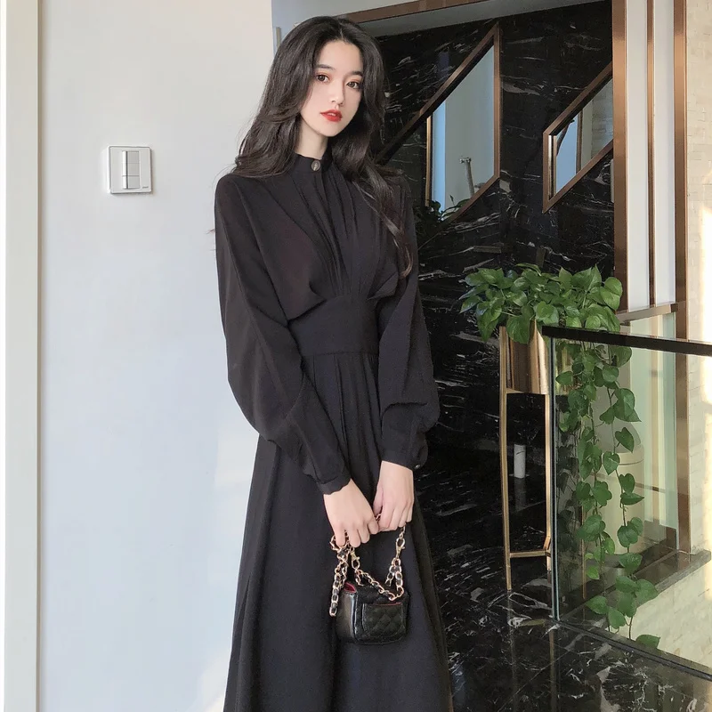 Neploe Retro High Waist Hip Slim A Line Dress Women O Neck Button Long Sleeve Vestido Temperament Solid Party Dresses 49670