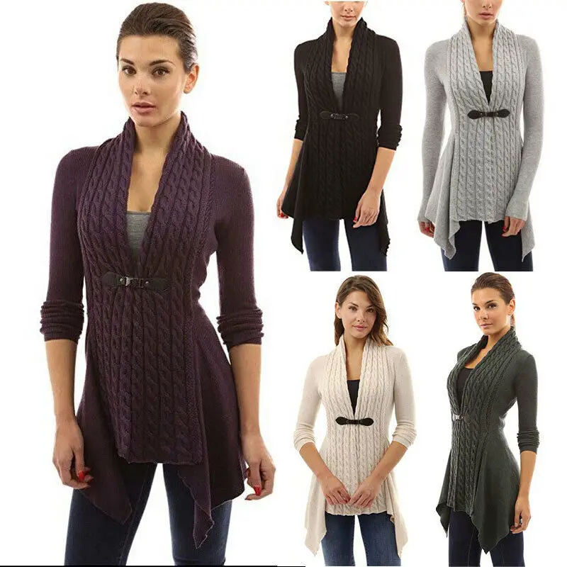 Women Knitted Long Sleeve Jumper Sweater Cardigan Wrap Cowl Neck Shawl Tops Coat