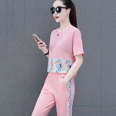 2PCS Female Loose Round Neck Short Sleeve New Summer Fashion Trousers Casual Printing Letter Ladies Two-Piece Suit