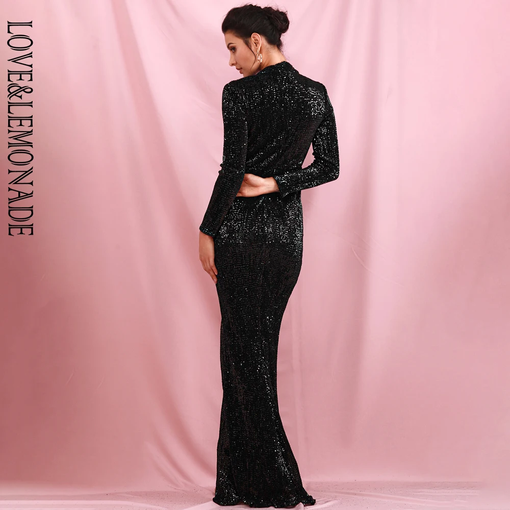 LOVE&LEMONADE Sexy Black Stand Collar Split Elastic Sequin Bodycon Party Split Maxi Dress LM81320-1