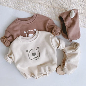

New Autumn Fleece Infant Romper Autumn Cartoon Newborn Baby Clothes Outfits Cottin Cute Bear Infant Costume Send Hat Photo Props