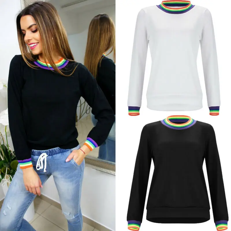 Autumn Fashion Womens Casual Tops Blouse Long Sleeve Crew Neck Rainbow Ladies Black White Solid | Женская одежда
