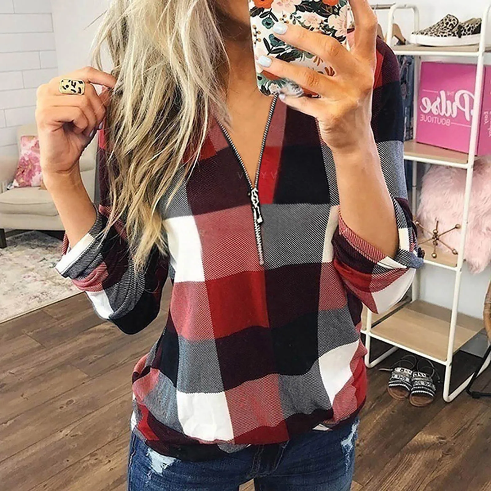 Fashion Women Zip Long Sleeve T-shirt Vintage Casual Cotton Plaid Shirt Plus Size Tops Women's Slim T-Shirt Top Clothing 2