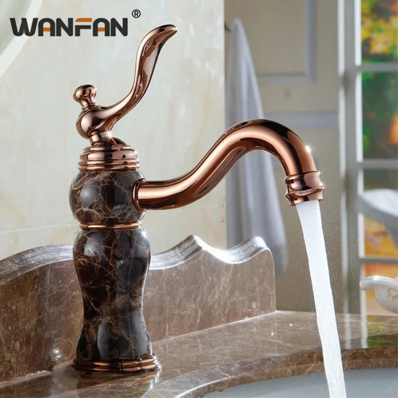 

European Luxury Marble Basin Faucet Jade Body Solid Brass Rose Gold Bathroom Accessories Single Handle Mixer Sink Tap AL-8908E
