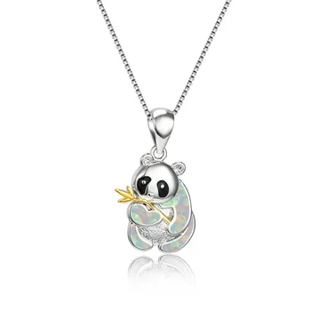 

Cute Female Blue White Opal Pendant Necklace Dainty Gold Leaf Chain Necklaces For Women Charm Panda Animal Wedding Necklace