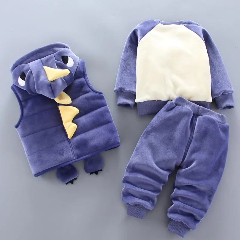 Winter Children Cartoon Clothing Set Baby Boys Girls Plus Velvet Thickening Warm Vest T-Shirt Pants 3Pcs/sets Toddlers Tracksuit