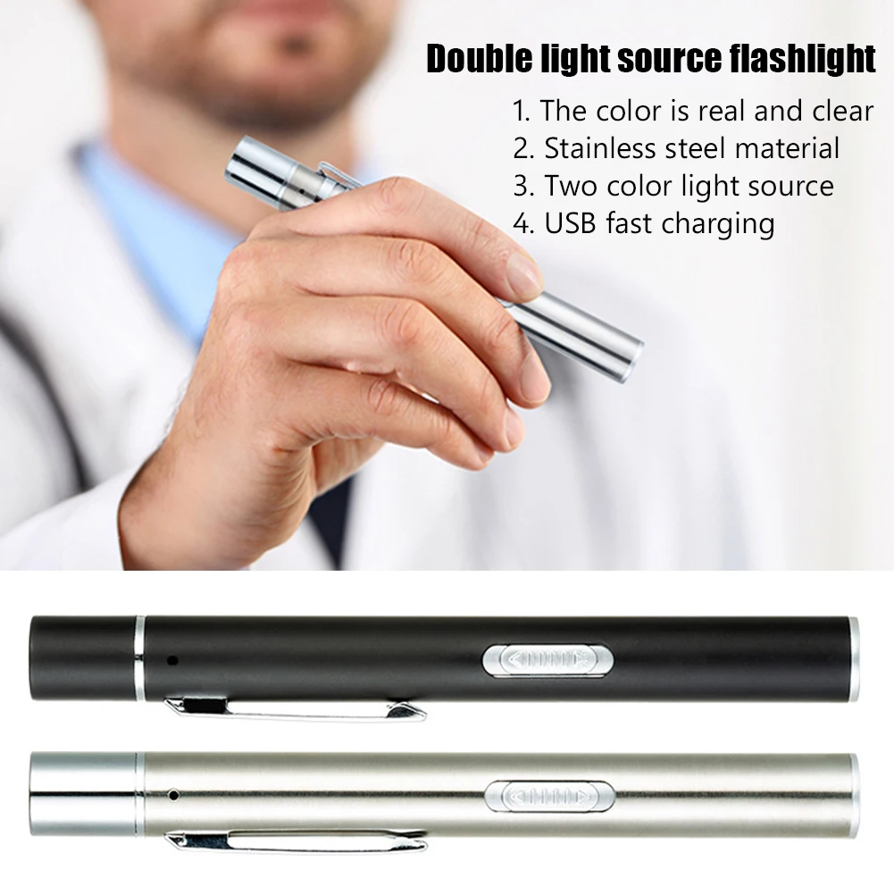 USB Rechargeable Stainless Steel 2 Modes LED Flashlight Clip Pen Mini Light Portable Lamp Inspection for dentist Camping Nursing led flashlight,mini flashlight,led flashlights,medical light