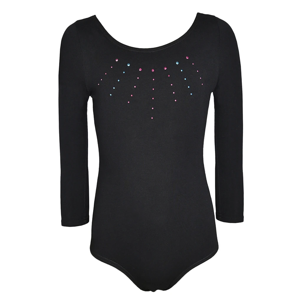 Long Sleeve Girls Crystal Solid Black Leotard Sport Dance Ballet Gymnastic Elastic Leotard