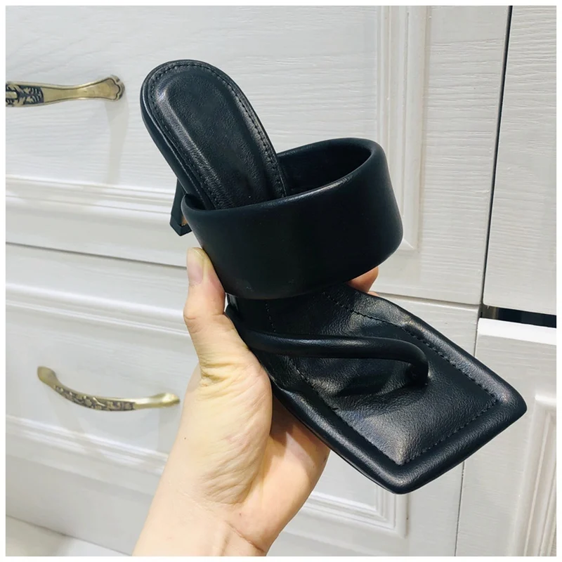 

New Design 2020 Square Toe Thin High Heel Slippers Summer Outdoor Slip On Dress Shoes Ladies Elegant Slides Sandal