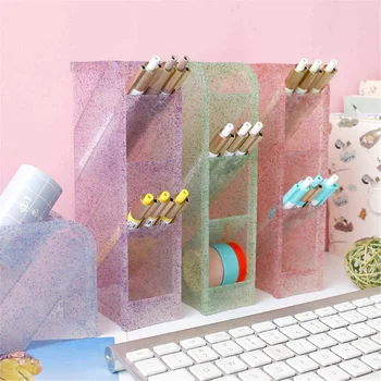 

Multi-function 4 Grid Desktop Pen Holder Office School Storage Case Clear Colorful Plastic Box Desk Pen Pencil Organizer