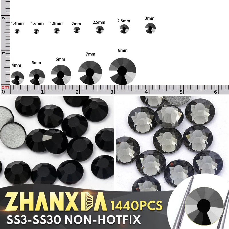 SS3-SS30 Black Rhinestones Flatback Gemstone Crystals Nails Parts Stones For Decoration Small Strass Non Hotfix Crystals