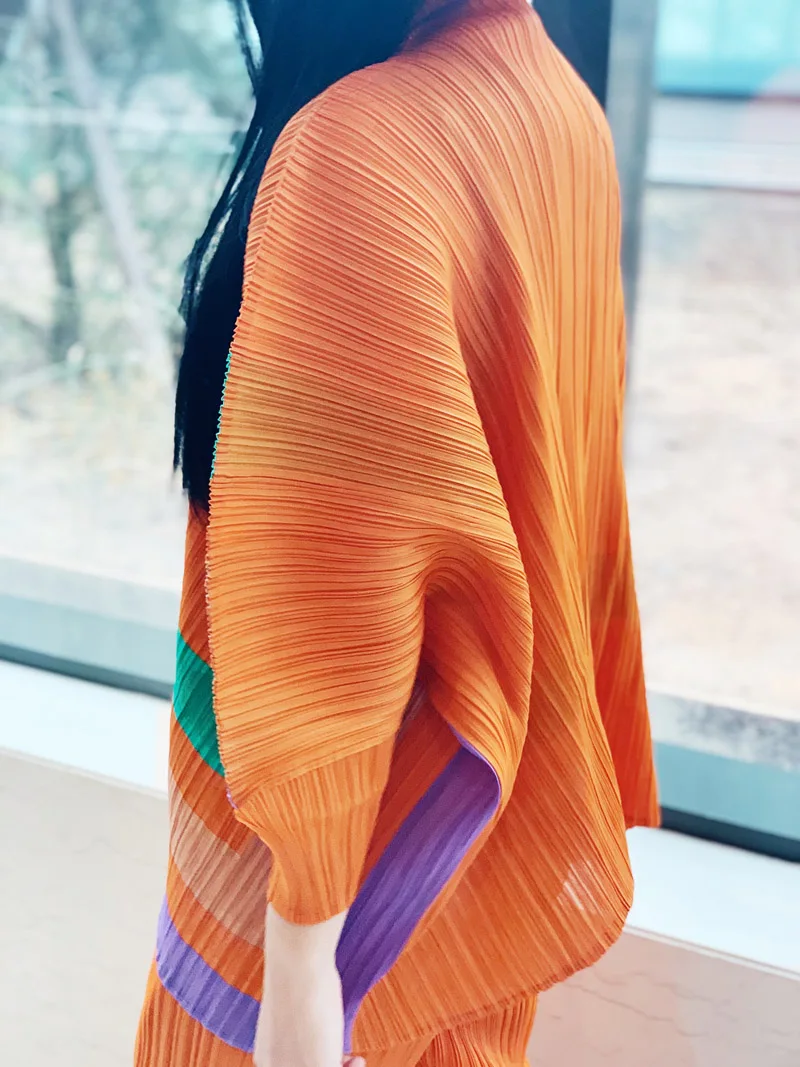 Подиум Miyake fold футболка+ широкие брюки Двухсекционный рукав летучая мышь большой размер контрастный костюм Женская мода темперамент