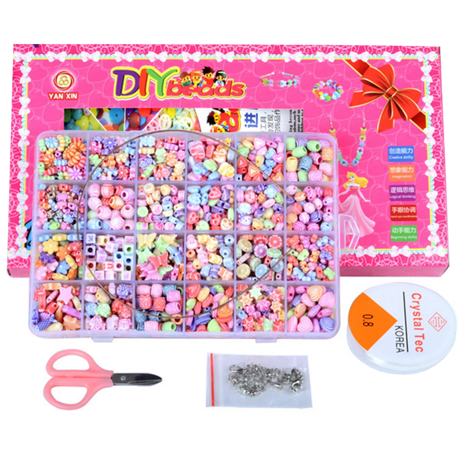 

Besegad 1000Pcs Colorful Funny Jewelry DIY Beads Set Kit with Scissors Elastic Rope Open Rings Lobster Clasps Kids Manual Toys