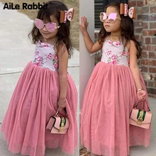 Летнее Модное Длинное розовое платье на бретельках с цветочным рисунком для девочек; праздничное платье принцессы с юбкой-пачкой; стильная детская одежда