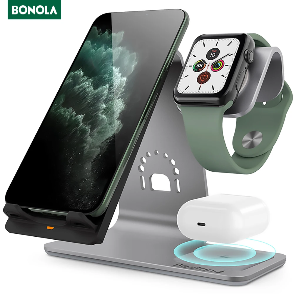 Bonola Ti-Mingle 3 in1 Fast Wireless Charger for iPhone11/8 Plus/XsMax Wireless Changing for AirPods Charging Dock for iWatch4/3