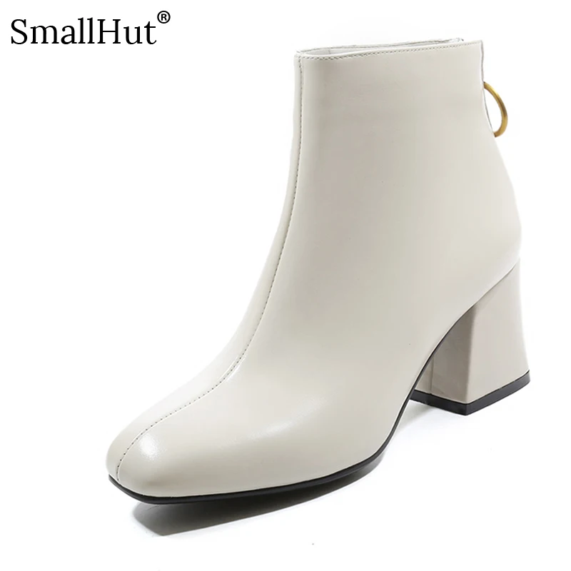 

Cow Leather Boots Women Autumn Winter Metal Decoration Ladies Hoof Heels E211 Fashion Woman Black Beige Square Toe Zipper Boots