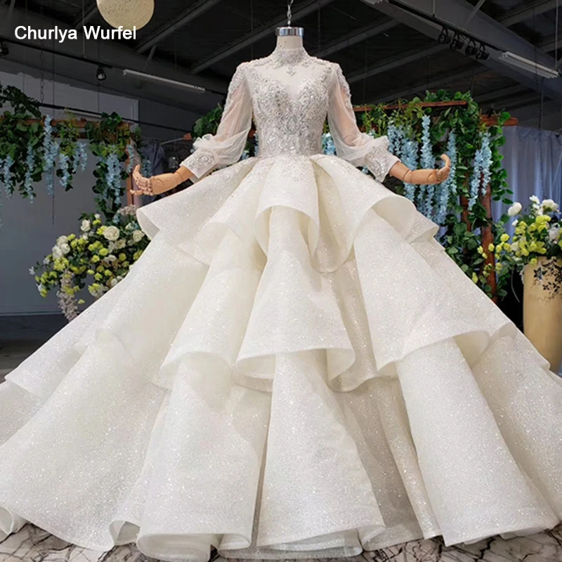HTL969 бальное платье свадебное платье с длинным рукавом из тюля с кружевами и бусинами, роскошное свадебное платье с блестками и высоким воротником, платье