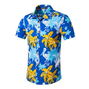 

Summer 100% Cotton Blue Oversized Beach Shirts Short-sleeved Street Fashion Beach Pure Cotton Flower Printed Shirts Men