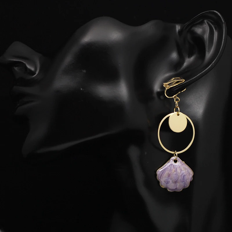 

Purple Shell Clip On Earrings Non Pierced Ear Clips Geometric Metal Round Earrings Without Piercing Minimalist Earring CE337