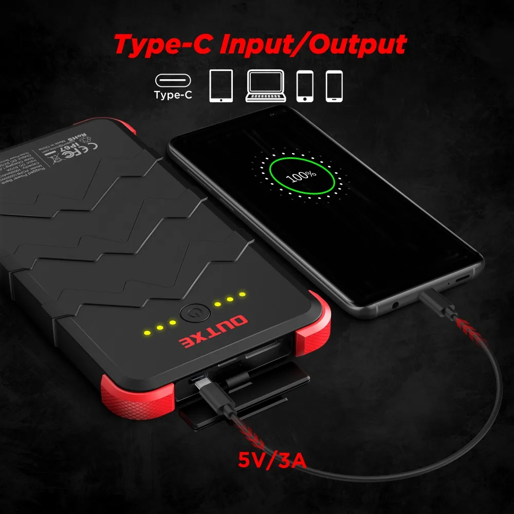 OUTXE usb type-C солнечное зарядное устройство для телефона 10000 мАч с фонариком IP67 Водонепроницаемый Солнечный внешний аккумулятор прочный для походов и кемпинга