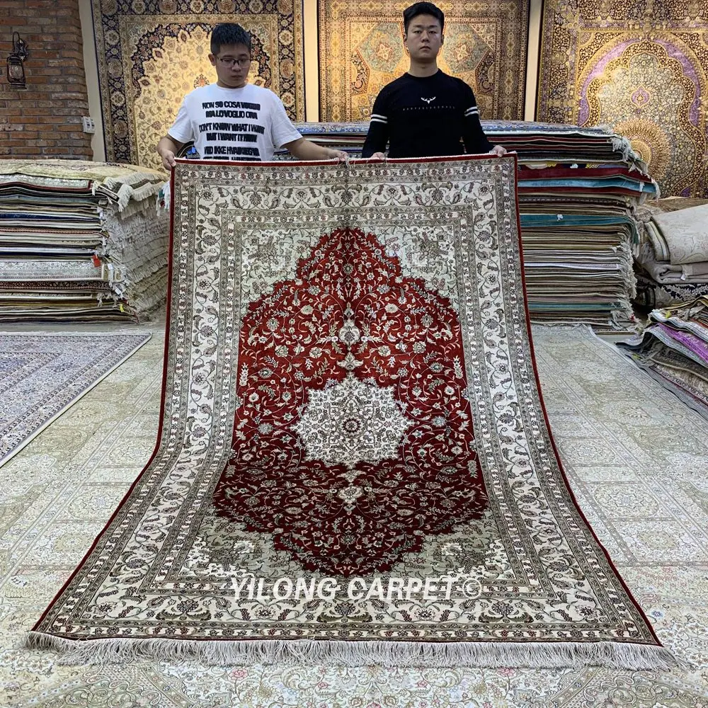 Yilong 5'x8' ручной работы Красный персидский ковры слоновой кости Восточный медальон шелковый ковер (YHW1003B)