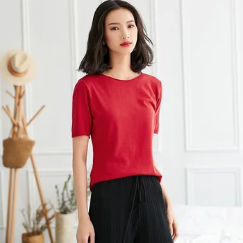 

Linen Knitted Tees Women's T-shirt Summer Vintage Underwear Women Short Sleeve Thin Basic T-shirts O-neck Pullovers Ladies Tops