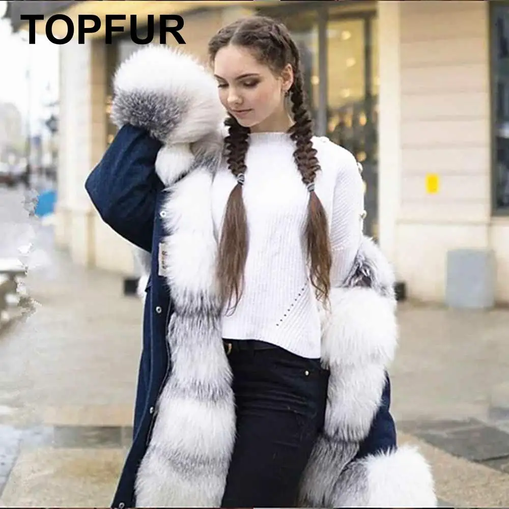 TOPFUR New Fashion Winter Female Long Jeans Parka Coats Real Fur Parka For Women Fox Fur Parka Full Sleeves Lapel Collar