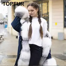 TOPFUR New Fashion Winter Female Long Jeans Parka Coats Real Fur Parka For Women Fox Fur Parka Full Sleeves Lapel Collar