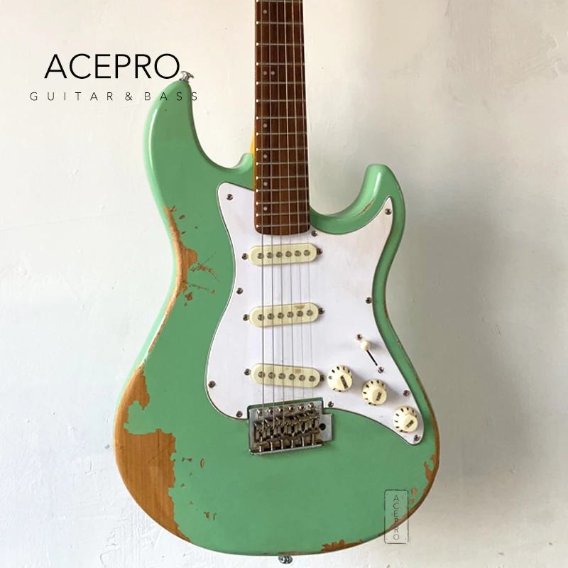 Handmade Relic Green Color Acepro Electric Guitar with Alder Body, High quality tuners, Aged