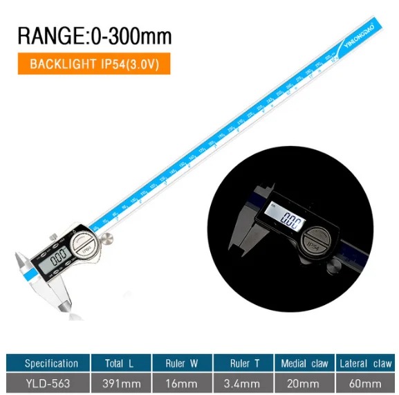 1PC 0-300MM 563 0-150 мм/200 мм/300 мм цифровой дисплей из нержавеющей стали штангенциркуль 1/64 фракции/мм/дюйма ЖК Электронный штангенциркуль водонепроницаемый IP54 - Цвет: 1PC 0-300MM 563