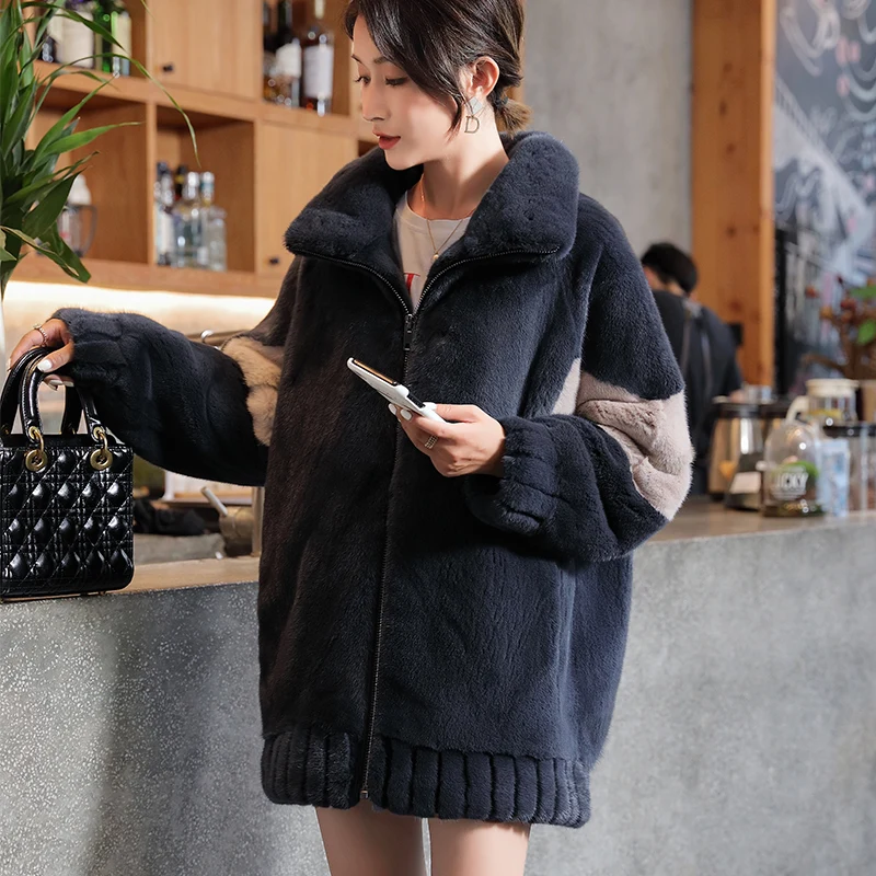 New Winter Women's whole import velvet mink fur coat jacket outwear - Цвет: dark blue