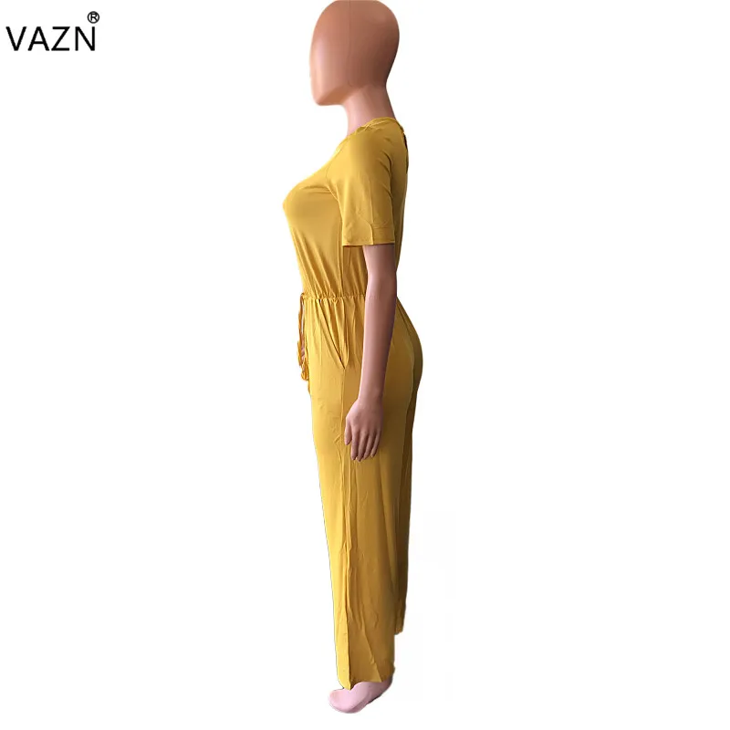 VAZN Новые повседневные модные элегантные женские длинные Комбинезоны с круглым вырезом и коротким рукавом летние женские комбинезоны прямой Детский комбинезон M5029