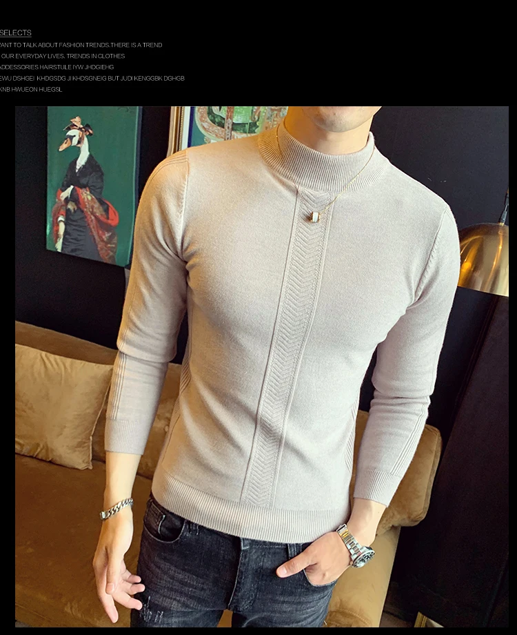 Liketkit, мужские свитера,, мужские, повседневные, одноцветные, хлопок, водолазка, тонкая, Вязанная одежда, мужские s пуловеры для фитнеса, осенний свитер