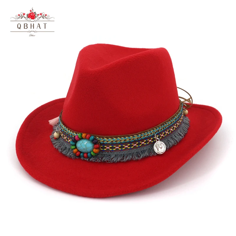 QBHAT 2020 Handmade Wide Brim Cowboy Fedora Wool Felt Jazz Hat Cap Ethnic Ribbon Decor Men Women Carnival Hats for Unisex | Аксессуары