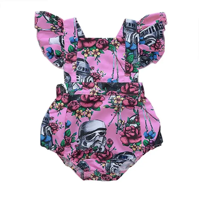Летняя новорожденная девочка боди Одежда Детский комбинезон для малышей Комбинезоны робот эластичный цветочный принт летающие рукава для