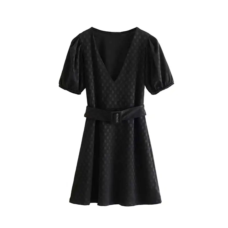 Vadim женское стильное платье в горошек с v-образным вырезом с пышными рукавами и поясом, эластичные женские элегантные шикарные Мини платья, vestidos QC671 - Цвет: black