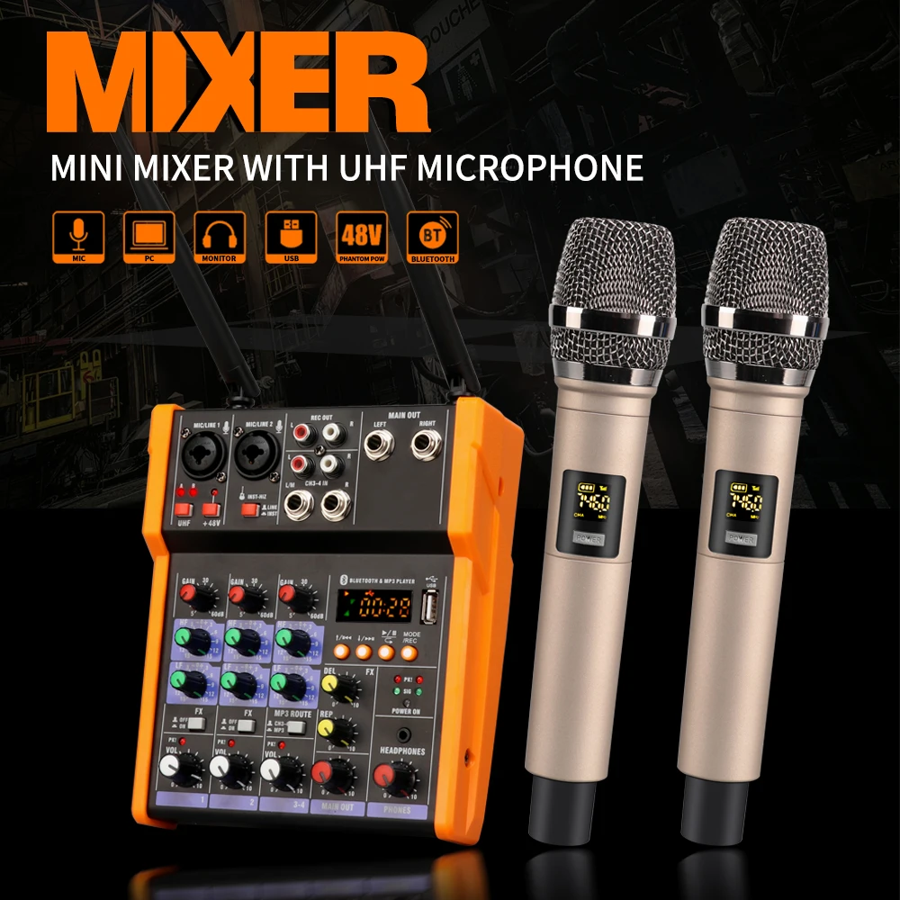TKL 4Channels Audio Mixer with UHF microphone Sound Mixing REC Bluetooth USB Record 48V Phantom Power DJ Mixer