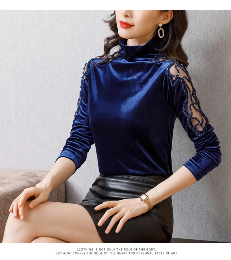 New 2020 Autumn winter woman tshirts Korean fashion slim high neck velvet t-shirt embroidered long sleeve bottoming shirt