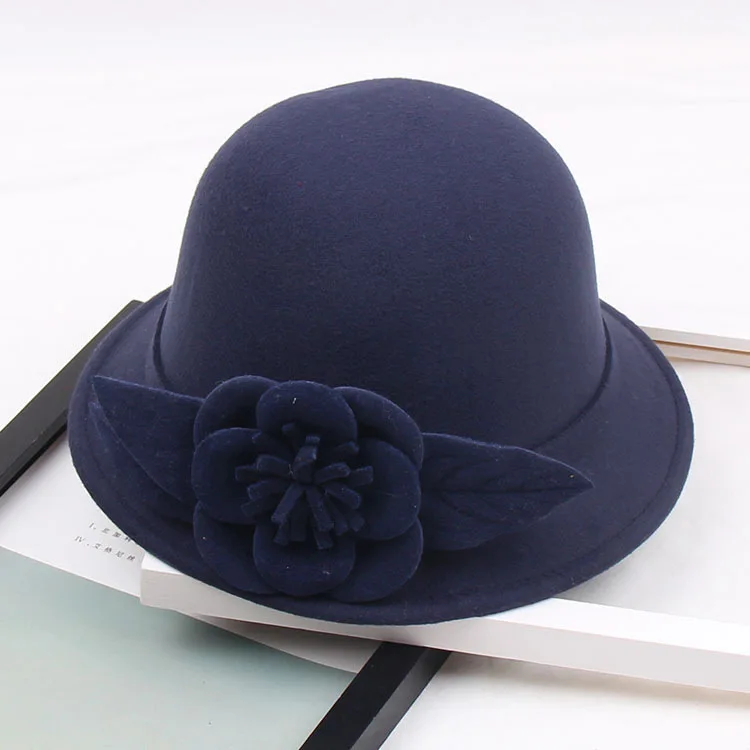 Новая зимняя Женская винтажная фетровая шляпа с цветами в западном стиле для женщин и девочек, теплые шапки-котелки, Панама, шапка для путешествий, свадьбы, церкви, верхняя шапка - Цвет: navy blue